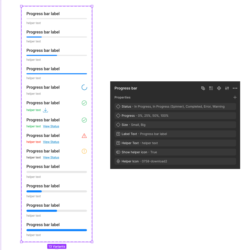 Progress component properties and variants
